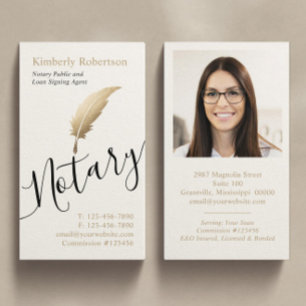 Elegant Gold Notary Calligraphy Feather Business Card