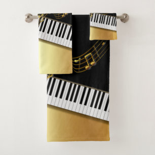 Elegant Gold Notes, Piano Keys,Black Bath Towel Set