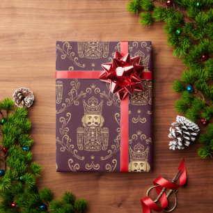 Elegant Gold Nutcracker Christmas Damask Wrapping Paper