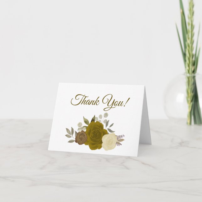 Elegant Gold Ochre and Yellow Roses Wedding Photo Thank You Card (Front)