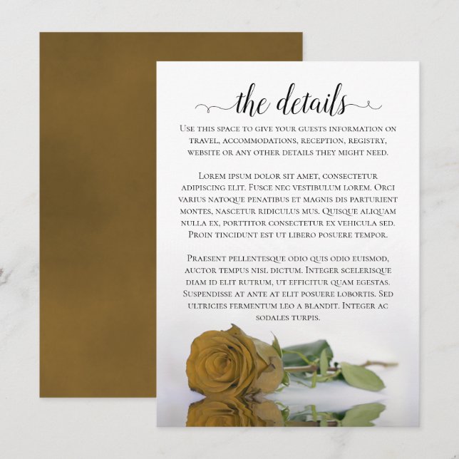 Elegant Gold Ochre Romantic Rose Wedding Details Enclosure Card (Front/Back)