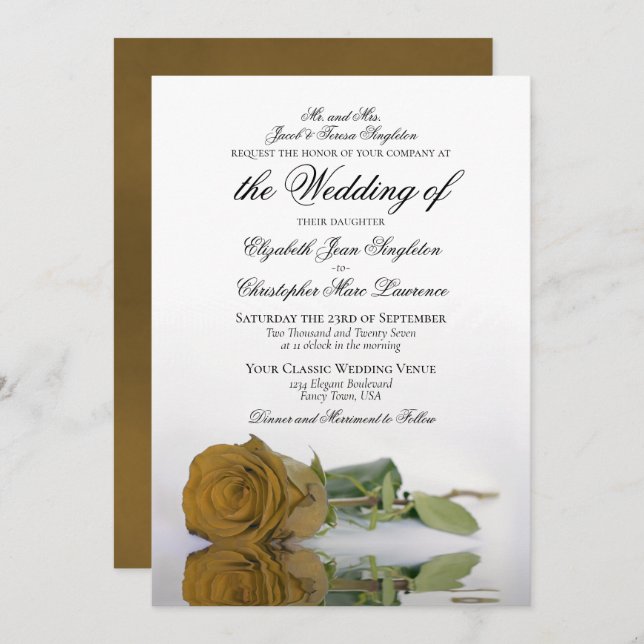 Elegant Gold Ochre Rose Formal Wedding Invitation (Front/Back)