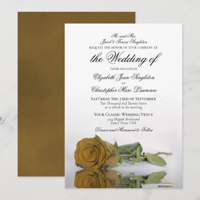 Elegant Gold Ochre Rose Formal Wedding Invitation (Front/Back)