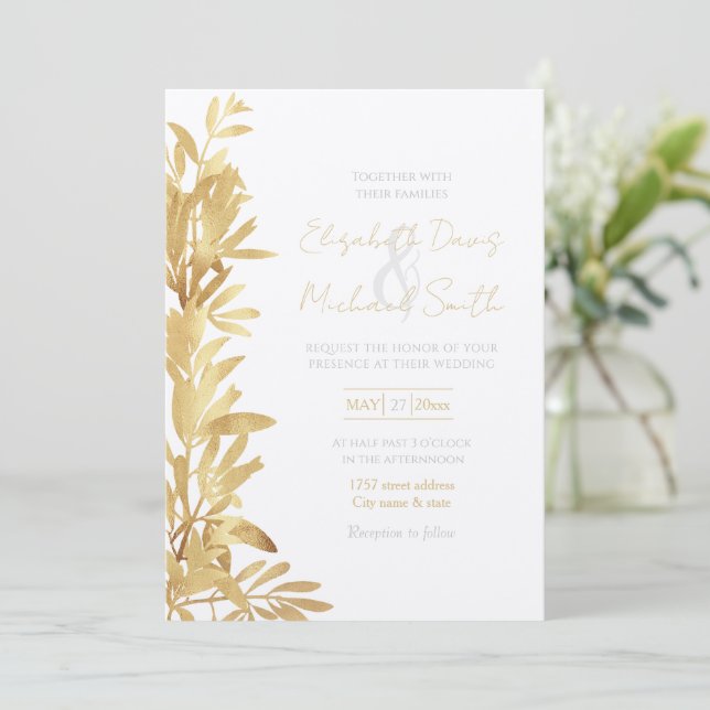 Elegant Gold Olive branch White Pattern Invitation (Standing Front)