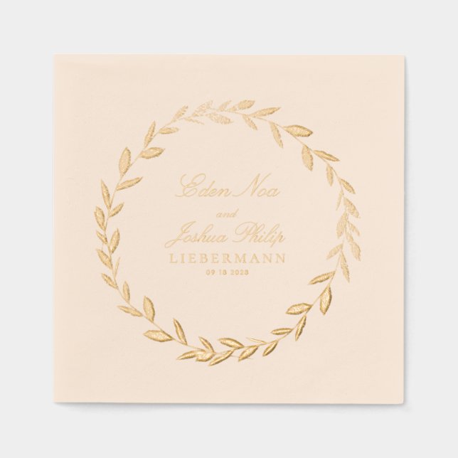Elegant Gold Olive Branch Wreath Wedding Cocktail Foil Napkins (Front)