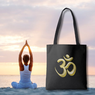 Elegant Gold OM Sanskrit Symbol On Black Tote Bag
