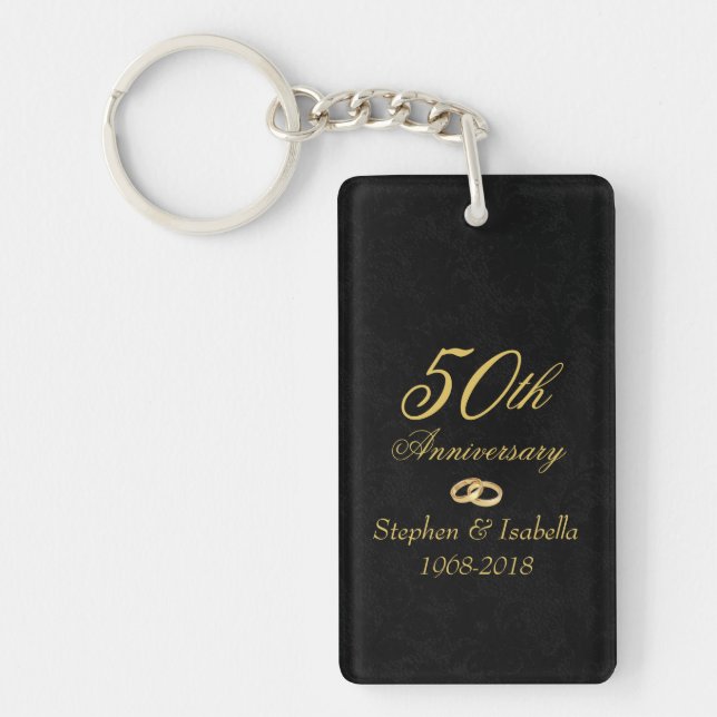 Elegant Gold on Black 50th Wedding Anniversary Key Ring (Front)