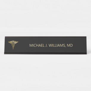 Elegant Gold on Black Caduceus Doctor Desk Name Plate