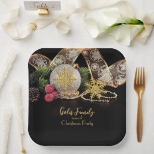Elegant Gold on Black Christmas Party  Paper Plate