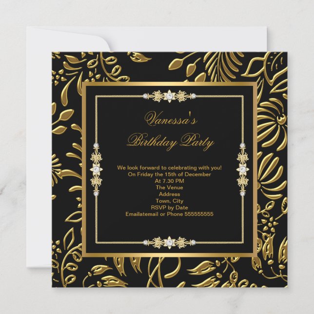 Elegant Gold on Black Damask Floral Birthday Party Invitation (Front)
