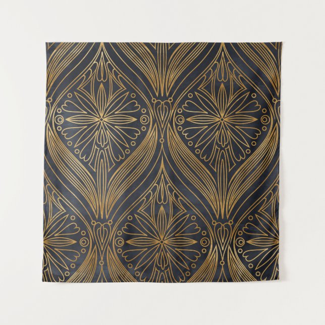 Elegant gold on black damask pattern tapestry (Front)