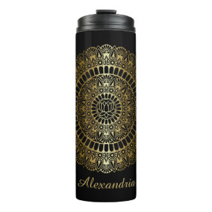 Elegant Gold on Black Lotus Henna Mandala Thermal Tumbler