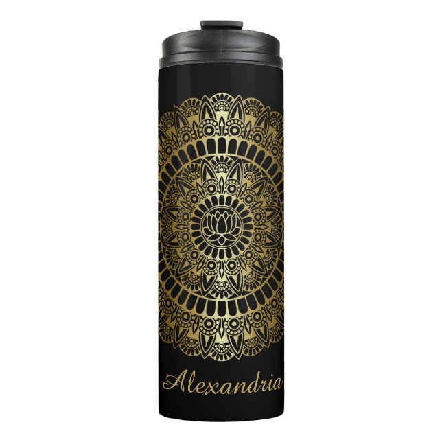 Elegant Gold on Black Lotus Henna Mandala Thermal Tumbler (Front)