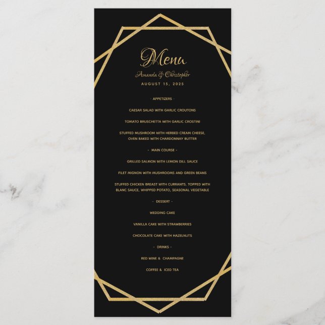 Elegant Gold on Black Modern Geometric Wedding Menu (Front)