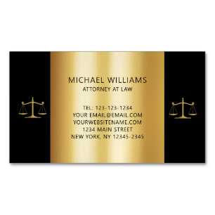 Elegant Gold on Black Scales of Justice Lawyer Magnetic Business Card