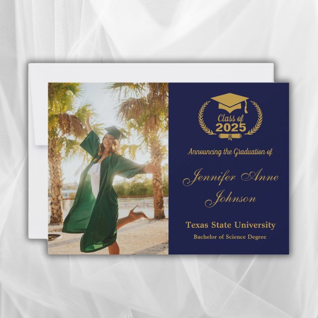 Elegant Gold on Blue Photo Graduation Announcement (Creator Uploaded)