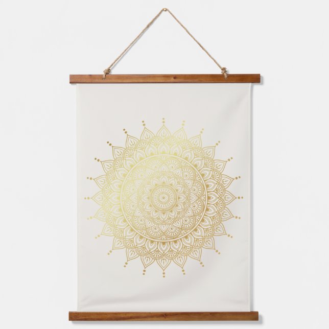 Elegant Gold on Cream Floral Henna Mandala Hanging Tapestry (Front)