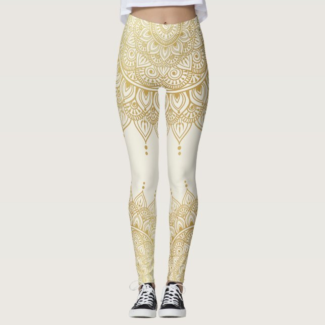 Elegant Gold on Cream Floral Henna Mandala Legging (Front)