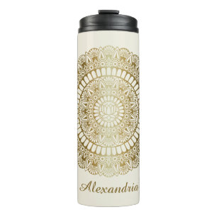 Elegant Gold on Cream Lotus Henna Mandala Thermal Tumbler