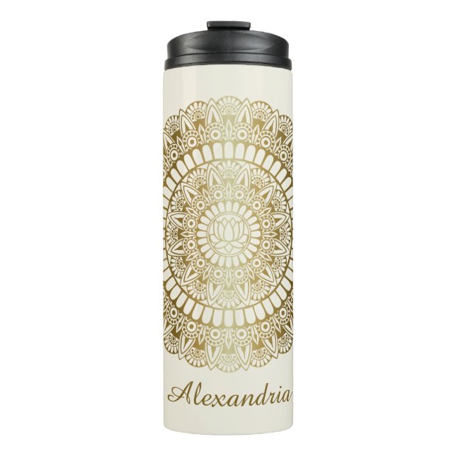 Elegant Gold on Cream Lotus Henna Mandala Thermal Tumbler (Front)
