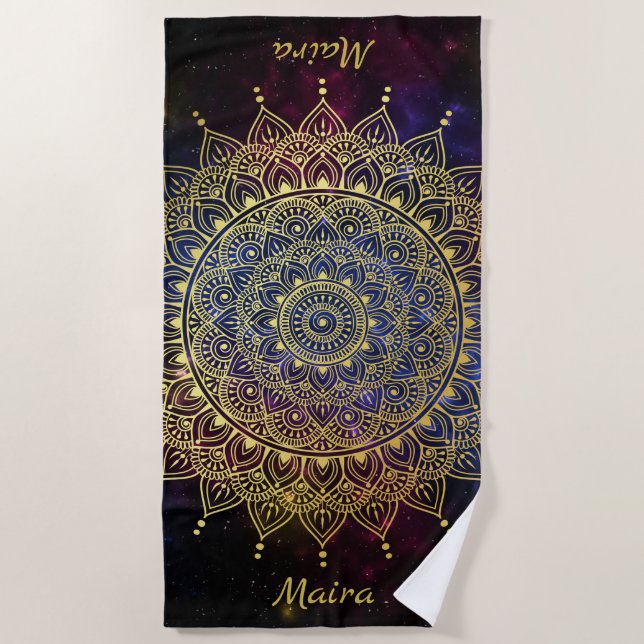 Elegant Gold on Dark Nebula Floral Henna Mandala Beach Towel (Front)