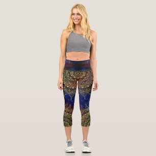 Elegant Gold on Dark Nebula Floral Henna Mandala Capri Leggings