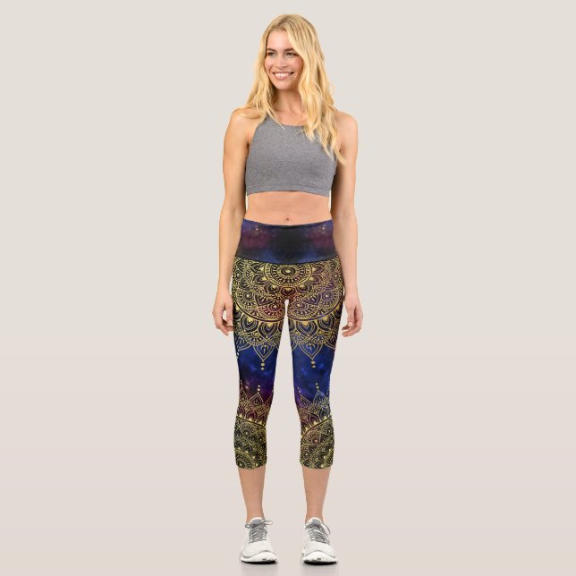 Elegant Gold on Dark Nebula Floral Henna Mandala Capri Leggings (Front)