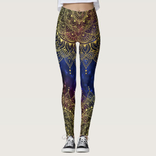 Elegant Gold on Dark Nebula Floral Henna Mandala Leggings