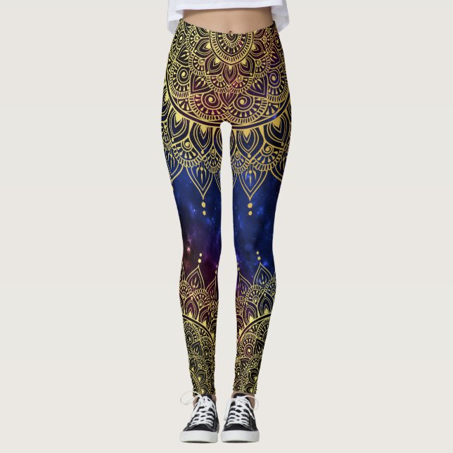 Elegant Gold on Dark Nebula Floral Henna Mandala Leggings (Front)