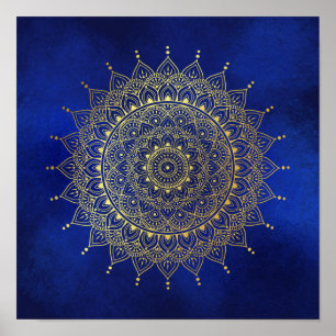 Elegant Gold on Deep Blue Floral Henna Mandala Art Poster