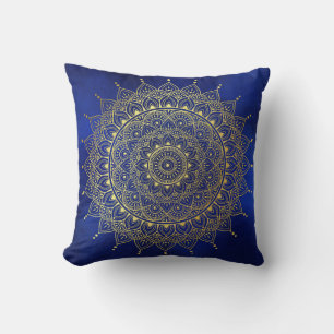 Elegant Gold on Deep Blue Floral Henna Mandala Cushion