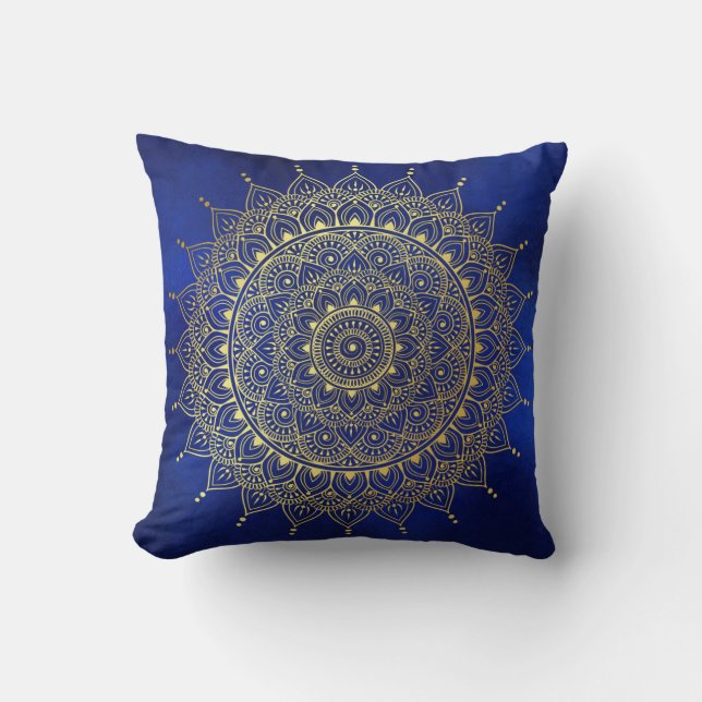 Elegant Gold on Deep Blue Floral Henna Mandala Cushion (Front)