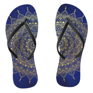 Elegant Gold on Deep Blue Floral Henna Mandala Flip Flops
