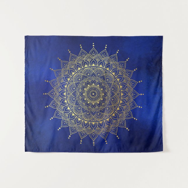 Elegant Gold on Deep Blue Floral Henna Mandala Tapestry (Front (Horizontal))