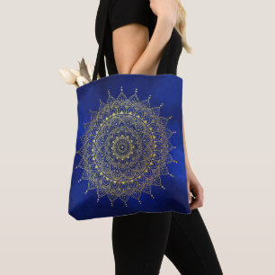 Elegant Gold on Deep Blue Floral Henna Mandala Tote Bag