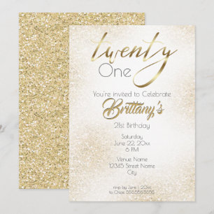Elegant Gold on Gold Glitter and Calligraphy 21st Invitation