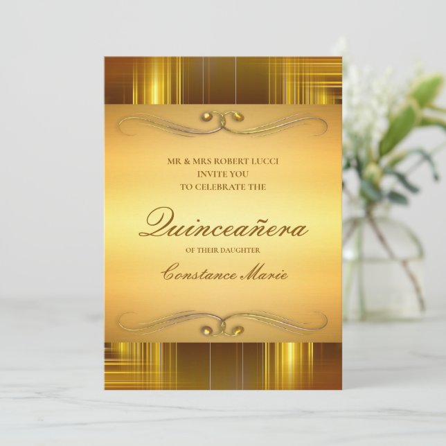 Elegant Gold on Gold Quinceanera Invitation (Standing Front)