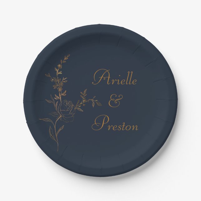 Elegant Gold on Navy Rose Stem Paper Plate (Front)