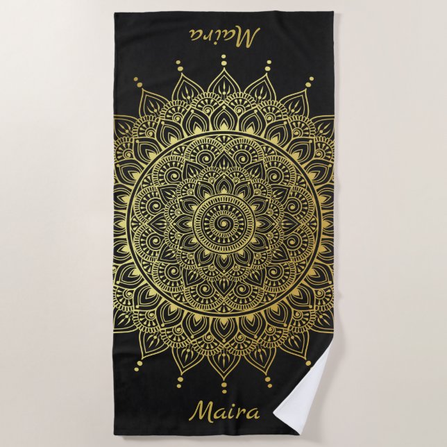 Elegant Gold on Soft Black Floral Henna Mandala Beach Towel (Front)