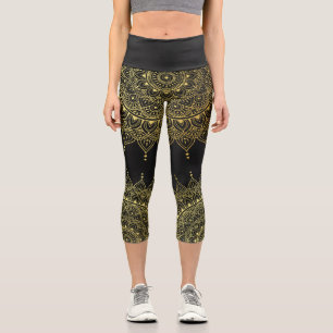 Elegant Gold on Soft Black Floral Henna Mandala Capri Leggings