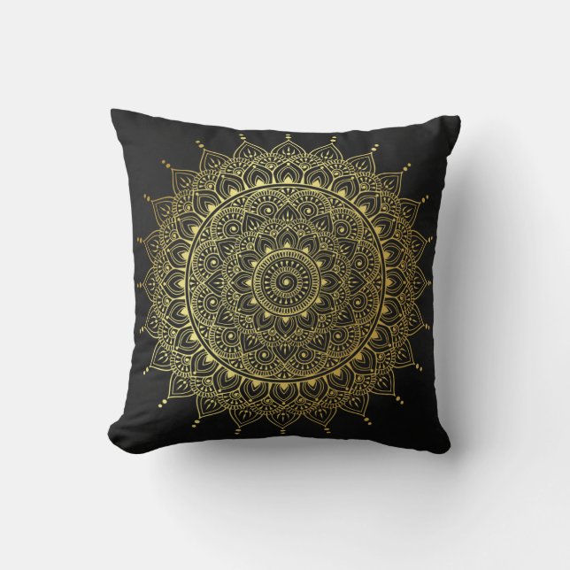 Elegant Gold on Soft Black Floral Henna Mandala Cushion (Front)