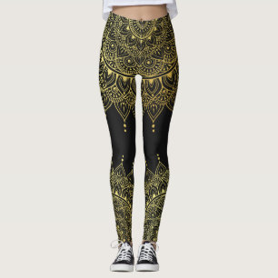 Elegant Gold on Soft Black Floral Henna Mandala Leggings