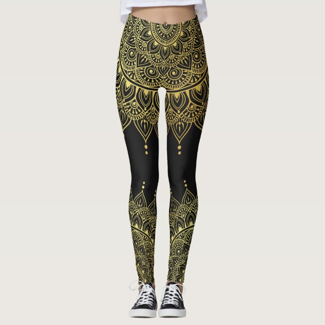 Elegant Gold on Soft Black Floral Henna Mandala Leggings (Front)