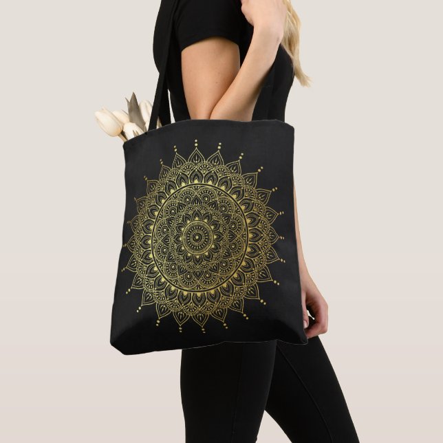 Elegant Gold on Soft Black Floral Henna Mandala Tote Bag (Close Up)