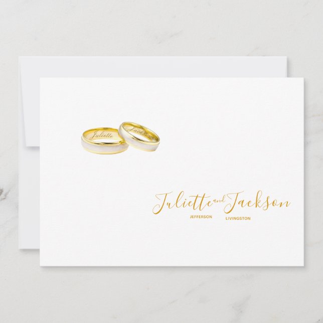 Elegant gold on white | personalised wedding rings invitation (Front)