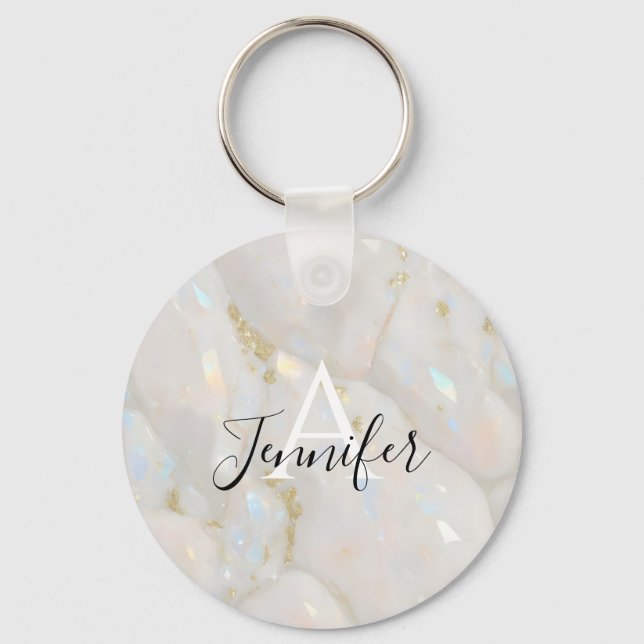 Elegant Gold Opal Gemstone Custom Name Monogram Key Ring (Front)