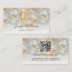Elegant Gold Opal Stone QR Code Salon Business Card