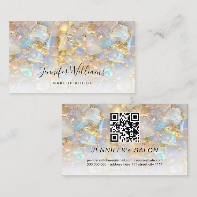 Elegant Gold Opal Stone QR Code Salon Business Card (Front/Back)