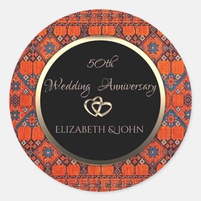 Elegant Gold Oriental Carpet  Anniversary Classic Round Sticker (Front)