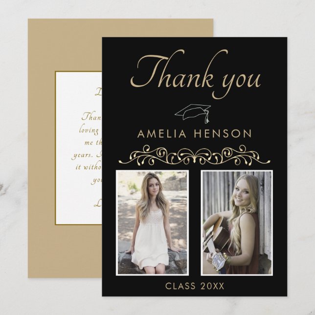 Elegant Gold Ornament 2 Photo Graduation Thank You Card (Front/Back)